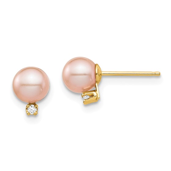 14k Yellow Gold Pink Round Pearl .02 ct Diamond Post Earrings 14k Yellow Gold Pink Round Pearl .02 ct Diamond Post Earrings